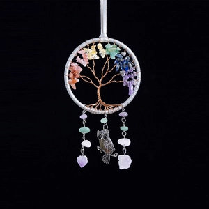 Tree of Life wall hanging with colorful semi-precious stones and owl metal pendant