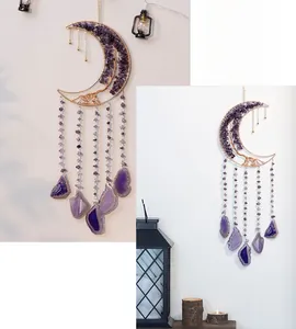 Detail of amethyst moon tree of life pendant with hanging purple agate slices