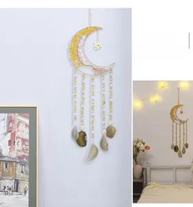 Golden moon dream catcher with yellow citrine tree of life and agate slices wall decor
