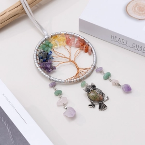 Tree of Life owl dream catcher with colorful gemstones and silver metal pendant