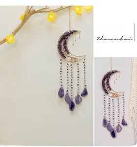 Detail of amethyst moon tree of life wall hanging with natural agate slices