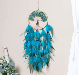 Detail of tree of life dreamcatcher with green aventurine stones and bright blue feathers
