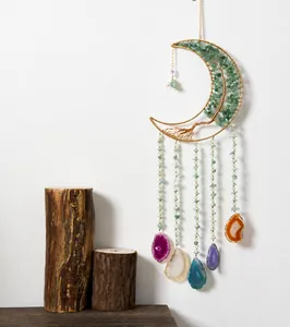 Moon dream catcher with green aventurine tree and colorful agate slices for wall decor