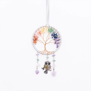 Handmade life tree dreamcatcher with colorful natural stones and owl pendant charm