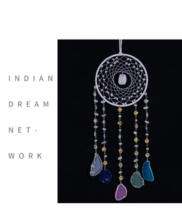 Detail of Indian dream net featuring handmade white weave and five natural agate slices