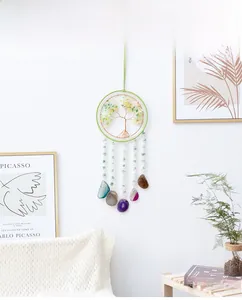 Detail of life tree dream catcher with copper wire crystals and multi-color agate slices