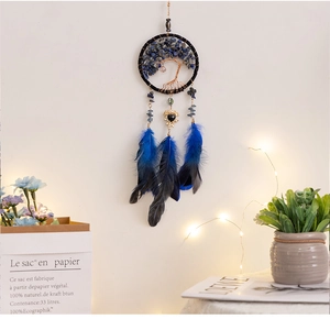 Detail of tree of life dreamcatcher with blue crystals and gradient feathers on a wall