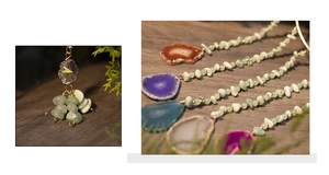 Detailed macro view of natural green aventurine crystals and agate slice hanging decor