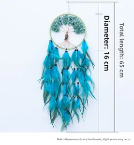 Detail of tree of life dreamcatcher with green stones and bright blue feathers