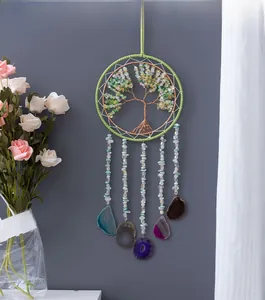 Detailed Tree of Life wall hanging with colorful quartz chips and five agate slices