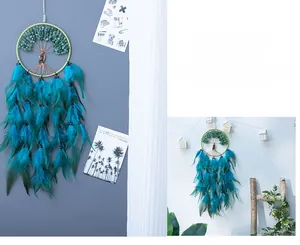 Detail of life tree dreamcatcher with green aventurine stones and teal feathers