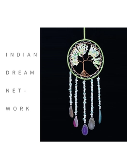 Detail of tree of life dreamcatcher with copper wire and colorful agate slices
