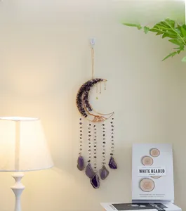 Hanging moon crystal decor with purple amethyst chips and tree of life design