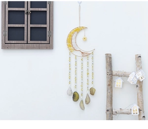 Bohemian moon wall hanging featuring yellow crystal tree of life and agate stone slices