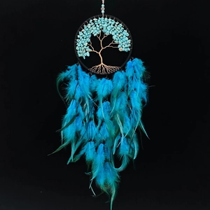 Attrape Rêve Arbre De Vie Décoration Murale Fait Main Turquoise Pierre Cristal Plume Bleue Boho
