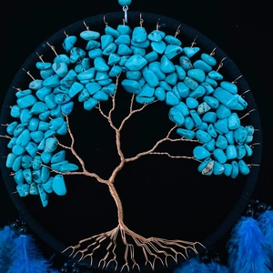 Décoration murale Arbre de Vie avec pierres turquoise, fil de cuivre et plumes bleues