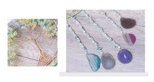 Close-up of tree of life wall hanging with colorful quartz stones and agate slices