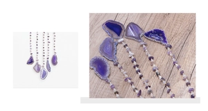 Detail of natural purple agate slice necklace with textured crystal stone beads chain