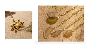 Detail of sun pendant with yellow beads and translucent natural agate stone slice