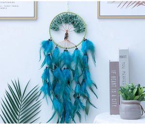 Macro detail of Tree of Life dream catcher with green aventurine and blue feathers