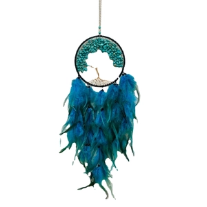Décoration murale attrape-rêves arbre de vie avec plumes bleues et pierres turquoises