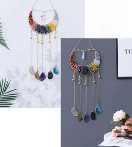 Moon dream catcher with colorful gemstones, agate slices, and golden bells detail