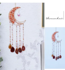 Detailed moon-shaped suncatcher featuring red natural stones and agate slice pendants