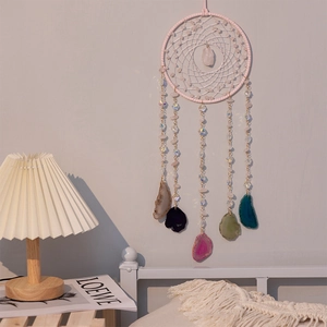 Pink Crystal Dreamcatcher Handmade Wall Hanging Ornament With Natural Agate Slices Bohemian Home Decor For Bedroom