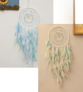 Detail of dream catcher with light blue and white feathers under different lighting