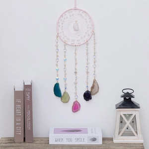 Pink crystal woven dream catcher wall hanging with five colorful natural agate slices