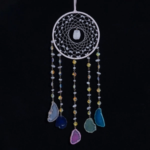 Handmade pink quartz dream catcher wall hanging with natural agate slices and crystal beads