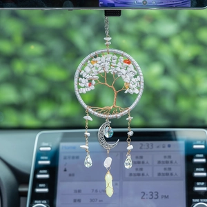 Handmade Tree of Life car hanging ornament with white turquoise and crystal droplets