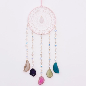 Pink crystal quartz dreamcatcher wall hanging with handmade woven net and agate slices