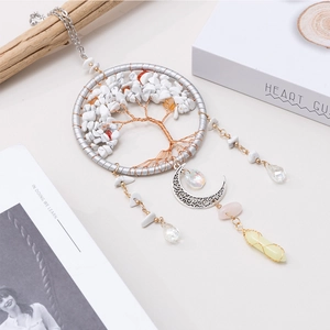 Tree of Life dreamcatcher with white and orange crystals and moon pendant decoration