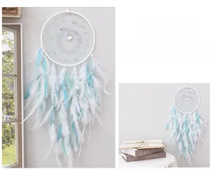 Detail of a white and light blue dreamcatcher with crystal pendant and beads