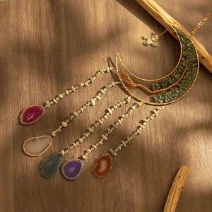 Golden moon dreamcatcher with green aventurine tree of life and colorful agate slices