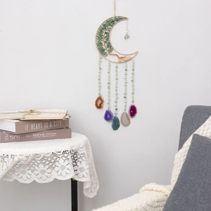 Handmade moon dream catcher with green aventurine tree of life and colorful agate slices