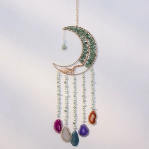 Handmade moon dream catcher with green aventurine tree of life and colorful agate slices