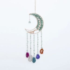 Handmade moon-shaped dream catcher with green aventurine tree of life and agate slices