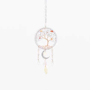 White crystal tree of life dreamcatcher pendant with crescent moon and raw gemstones