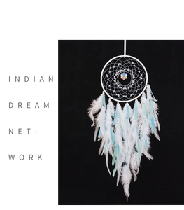 Detail view of crystal stone center and soft blue and white feathers on a dreamcatcher