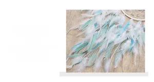 Close-up of sky blue and white feathers with delicate bead accents on a dreamcatcher
