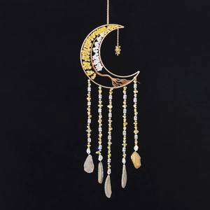 Golden moon dream catcher with yellow crystal tree of life and agate slice tassels