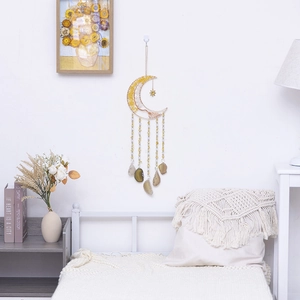 Bohemian Citrine crystal moon wall hanging decoration with gold metal frame and agate