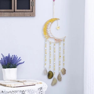 Bohemian gold crescent moon hanging decor with citrine crystals and agate slices