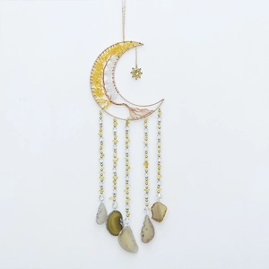 Golden crescent moon tree of life wall hanging with yellow citrine and agate slices