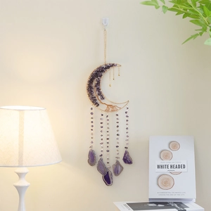 Golden moon-shaped dreamcatcher with amethyst life tree and natural agate stone slices