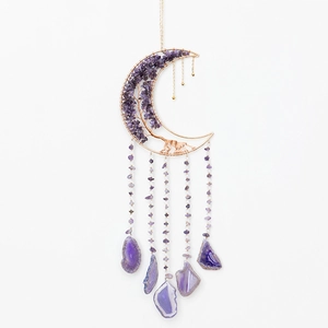 Tree of Life amethyst crystal moon pendant with hanging purple agate slices