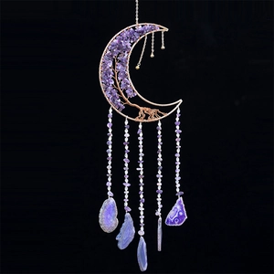Natural amethyst moon life tree pendant necklace with purple agate slices on black background