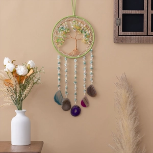 Tree of Life wall decor with green crystals and colorful agate stone slices